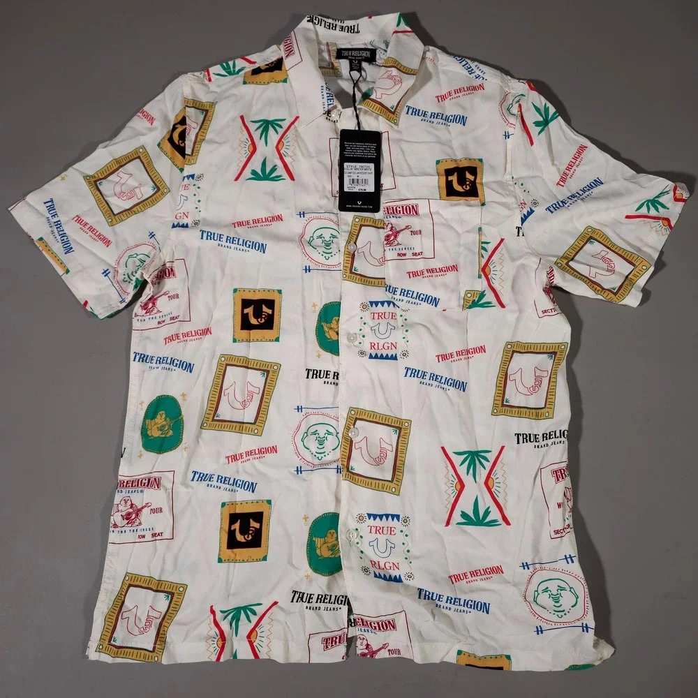 True Religion Resort Shirt Mens Medium Winter White SS Camp Collar 700720 NEW